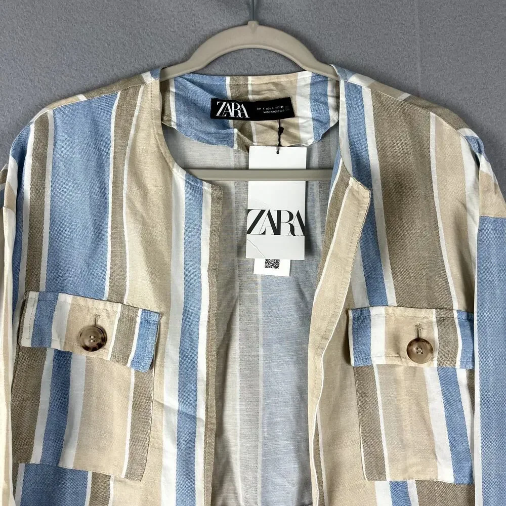 Zara Jacket Womens Large Striped Blue Linen BlendOpen Front Peplum Coastal NWT - Picture 2 of 16
